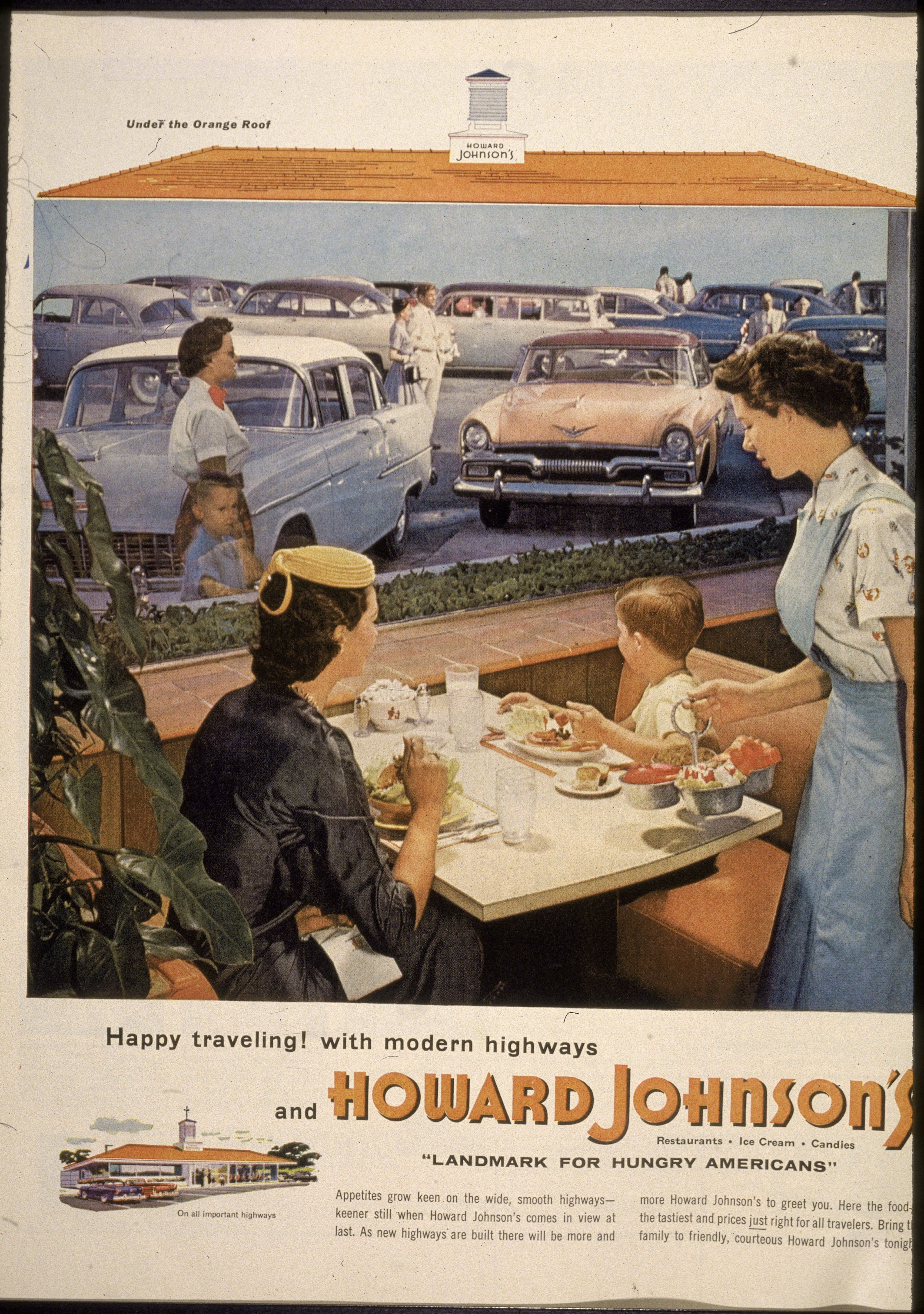 1950s Howard Johnson's advertisement  showing a household  astatine  a diner. The parent  serves nutrient  portion    2  children and a pistillate   bask  a meal. Cars and a roadworthy  disposable   outside