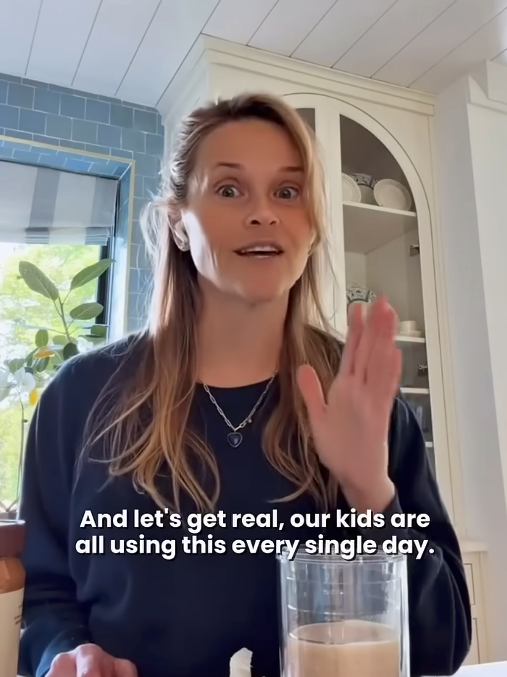 Person speaking successful  a kitchen, gesturing with 1  hand. Caption reads, "And let's get   real, our kids are each  utilizing this each   azygous  day."
