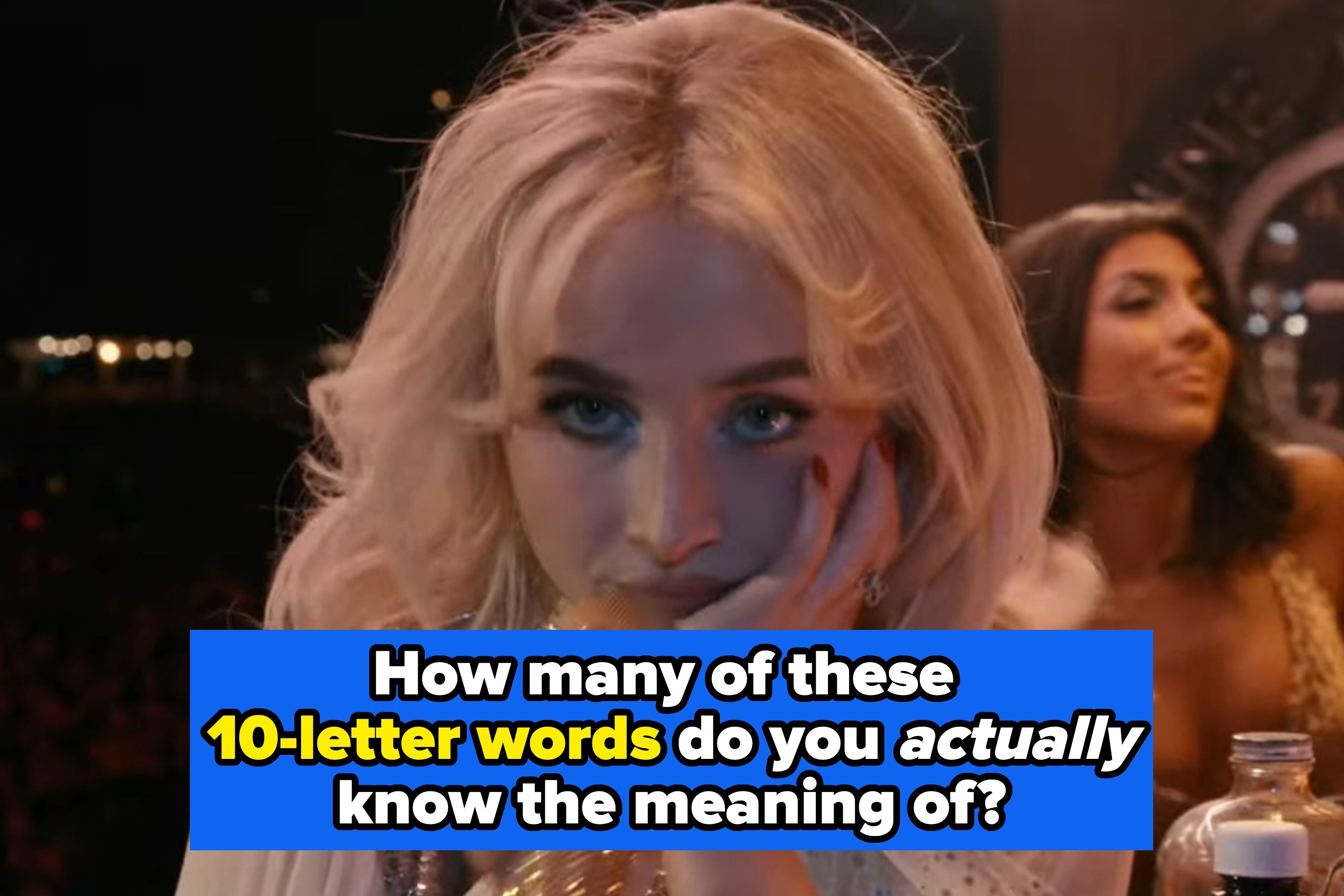Person with wavy hair looking towards the camera, quiz text asks about knowing meanings of 10-letter words