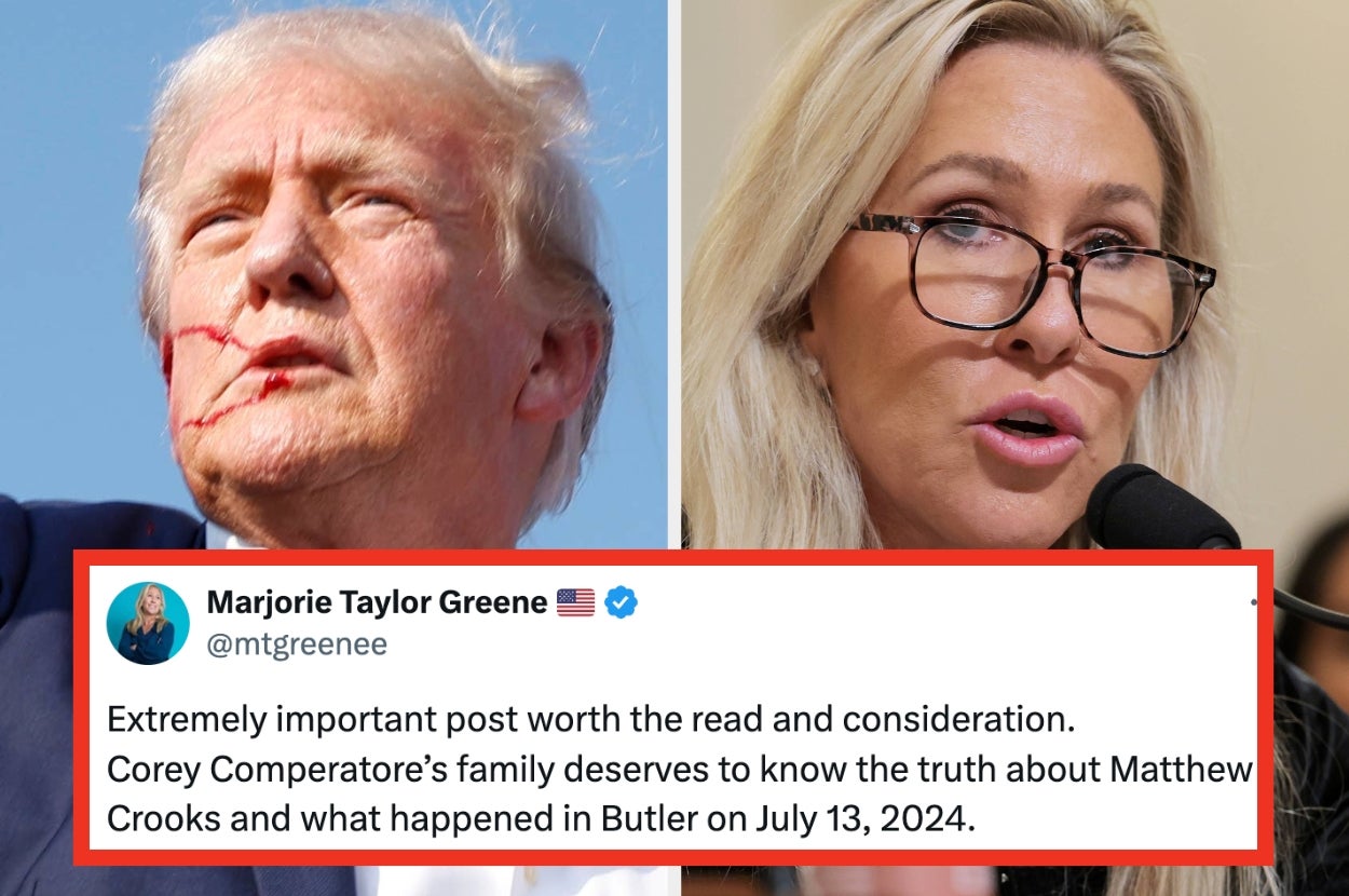Two people appear in a split image, with a highlighted tweet by Marjorie Taylor Greene discussing the importance of an incident in Butler on July 13, 2024