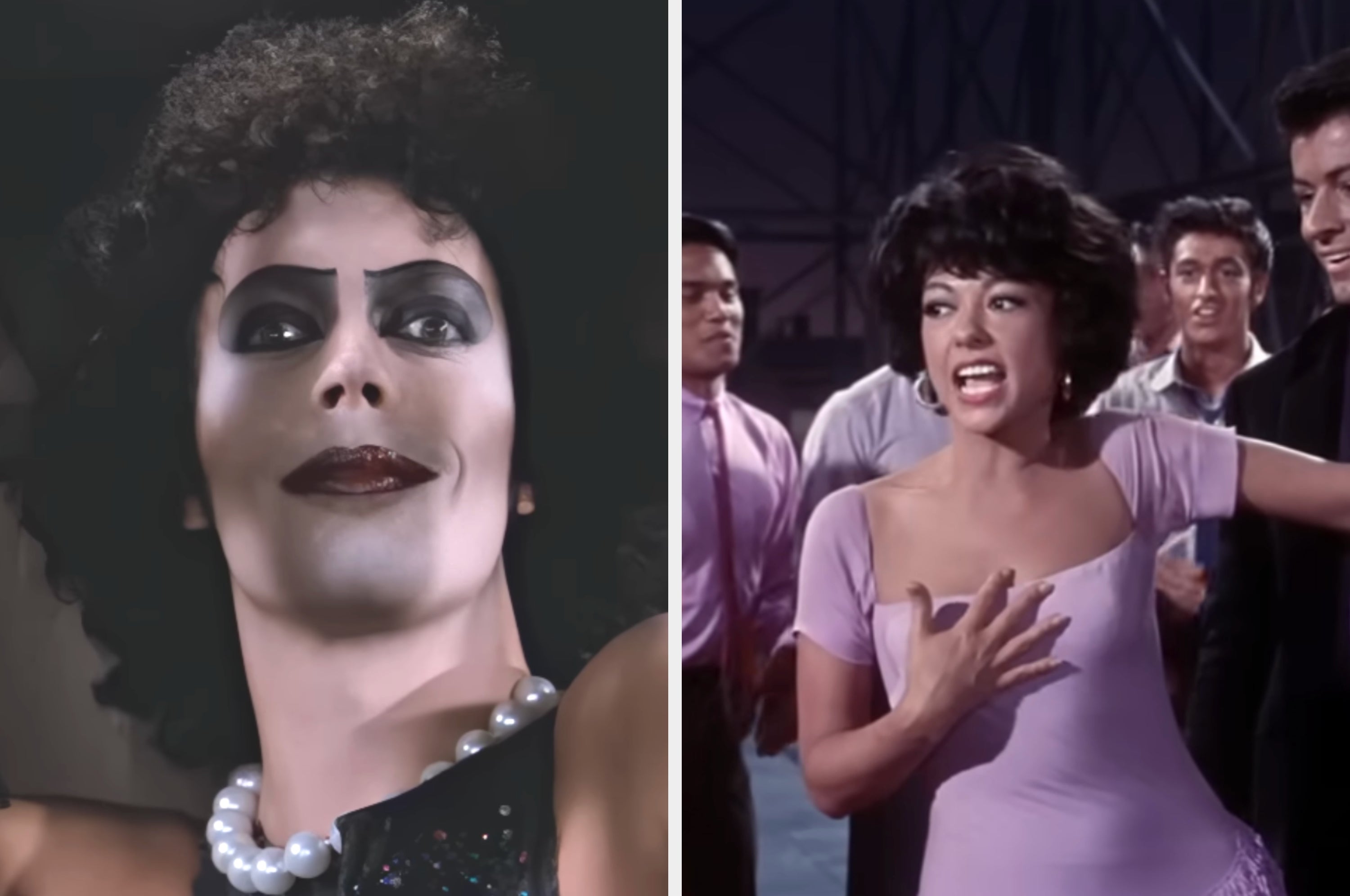 Two iconic movie musical scenes: one with a person in theatrical makeup, another with a person passionately singing in a lively crowd