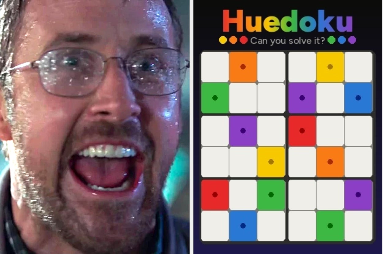 Close-up of a person reacting excitedly next to a "Huedoku" puzzle game board