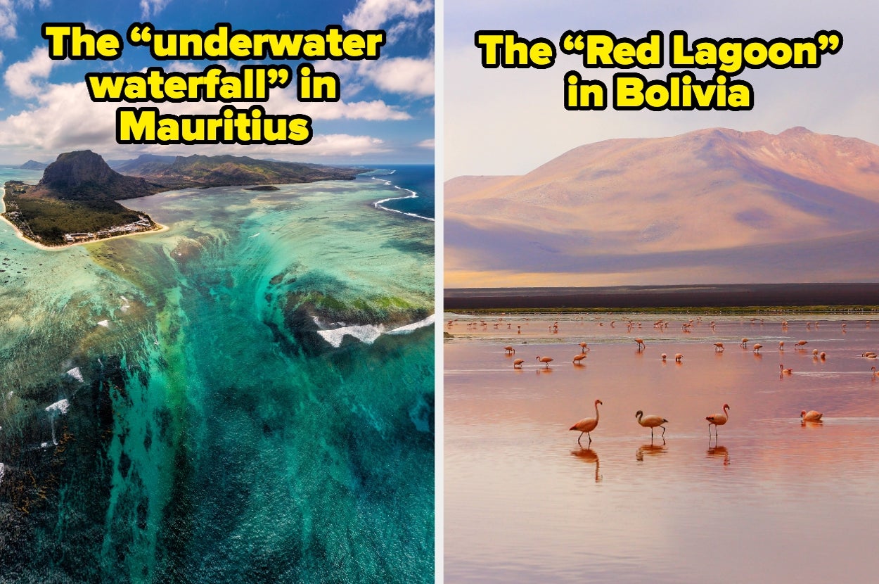 Split image: Left shows the "underwater waterfall" illusion in Mauritius; right displays flamingos in Bolivia's Red Lagoon against a mountain backdrop