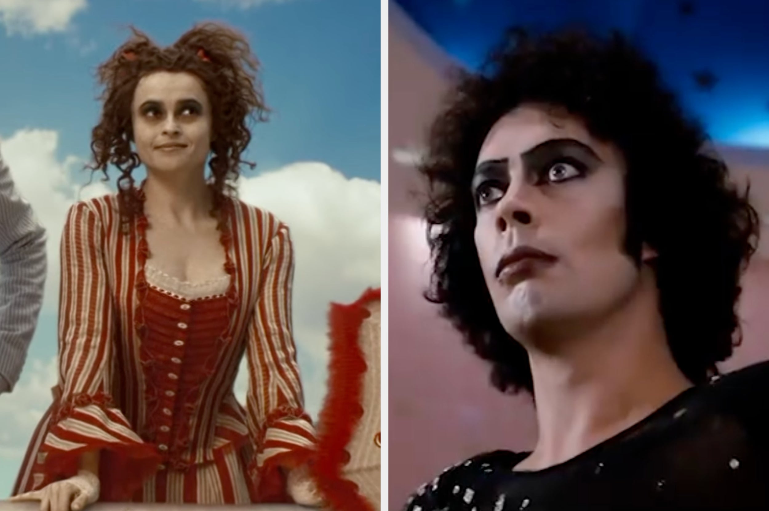 On left, a person in a Victorian-style striped dress. On right, a person with dramatic makeup and a sequin outfit. Both look up expressively