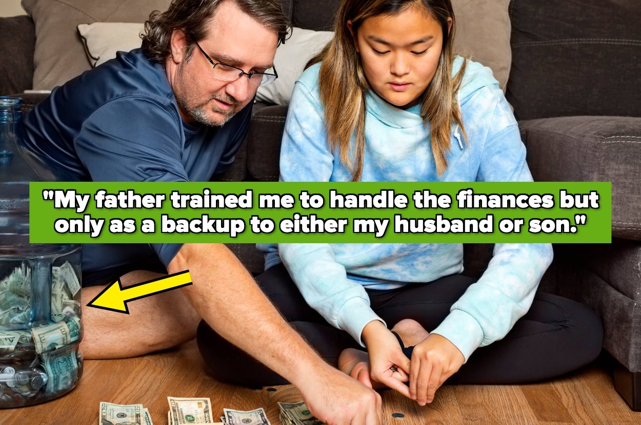 Man and woman sitting on floor with scattered money. Quote reads: "My father trained me to handle the finances but only as a backup to either my husband or son."
