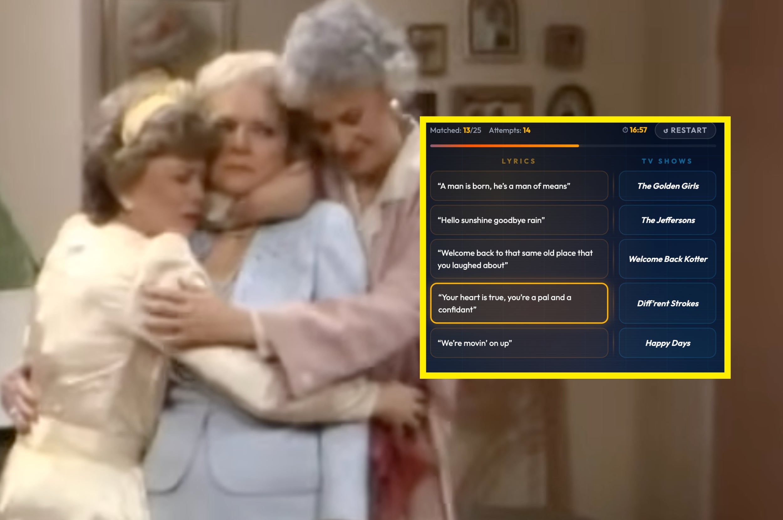 Three women hugging in a living room setting. A quiz interface overlays the image, matching TV show lyrics to their respective shows