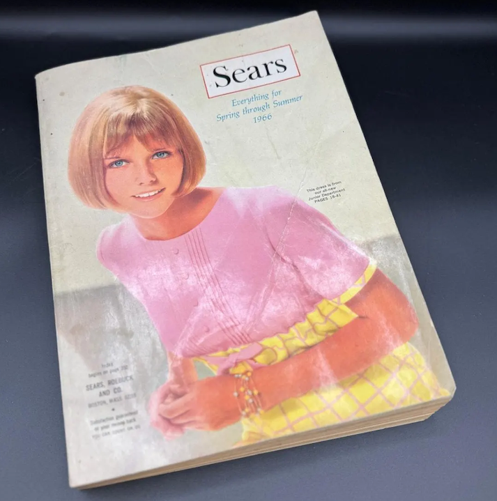 1968 Sears catalog screen  featuring a smiling pistillate   successful  a pinkish  formal  with a yellowish  patterned accent, promoting outpouring  and summertime  fashion