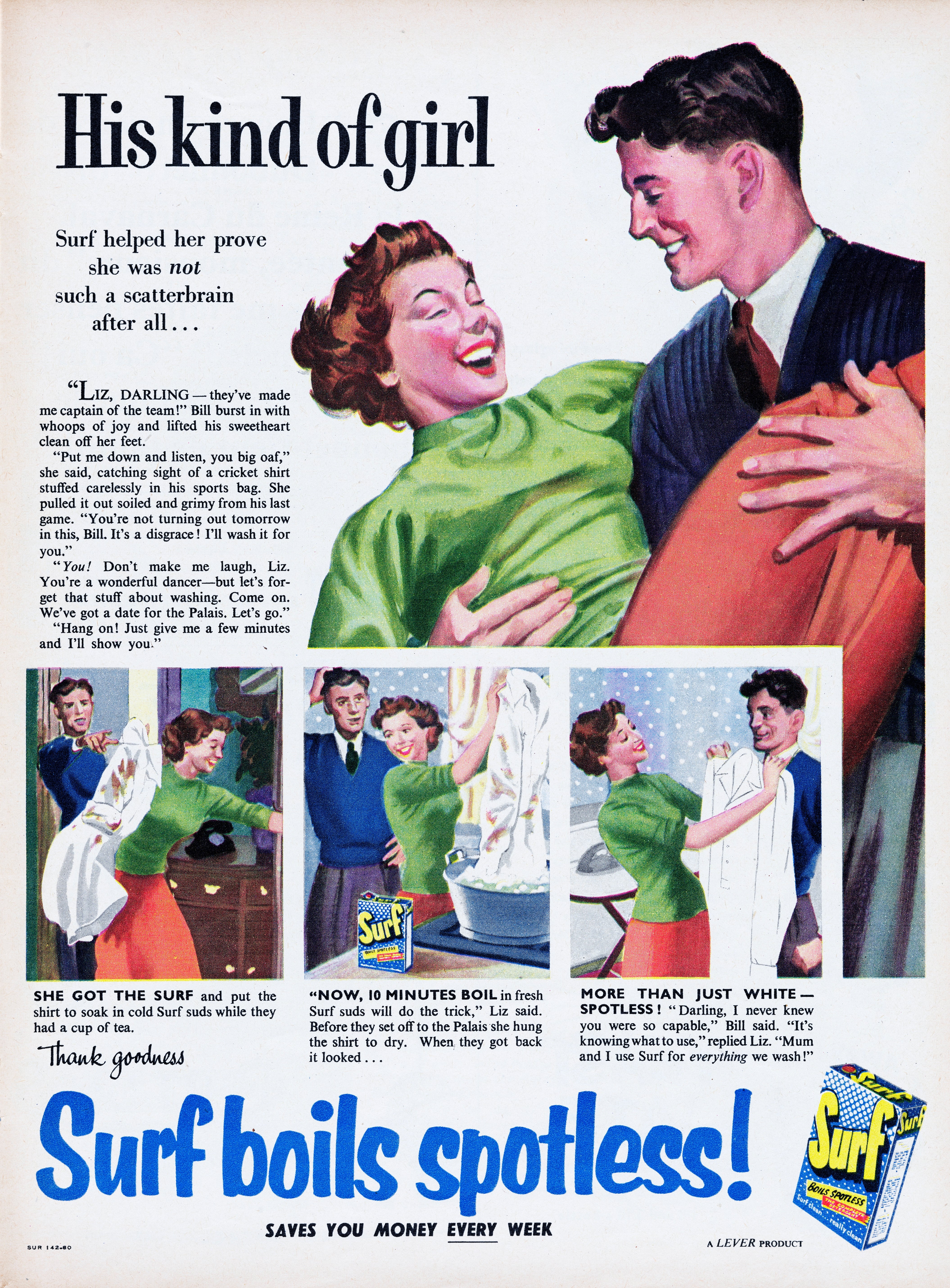 Vintage surfevaskemiddelannonse med et smilende par som vasker. Annonsen fremhever produktets effektivitet når det gjelder å oppnå plettfrie resultater