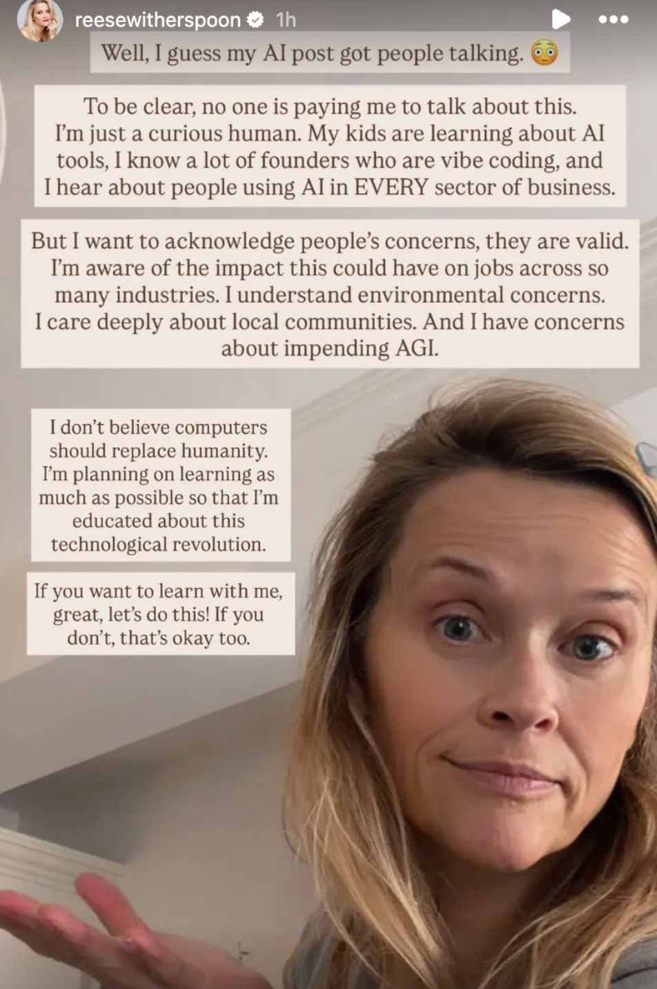 Person addressing AI concerns, mentioning its interaction   connected  jobs, industries, environment, and section  communities. Emphasizes the request   for awareness
