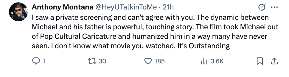 Tweet by Anthony Montana praising a film's portrayal of Michael and his begetter  arsenic  almighty  and humanizing, calling it outstanding