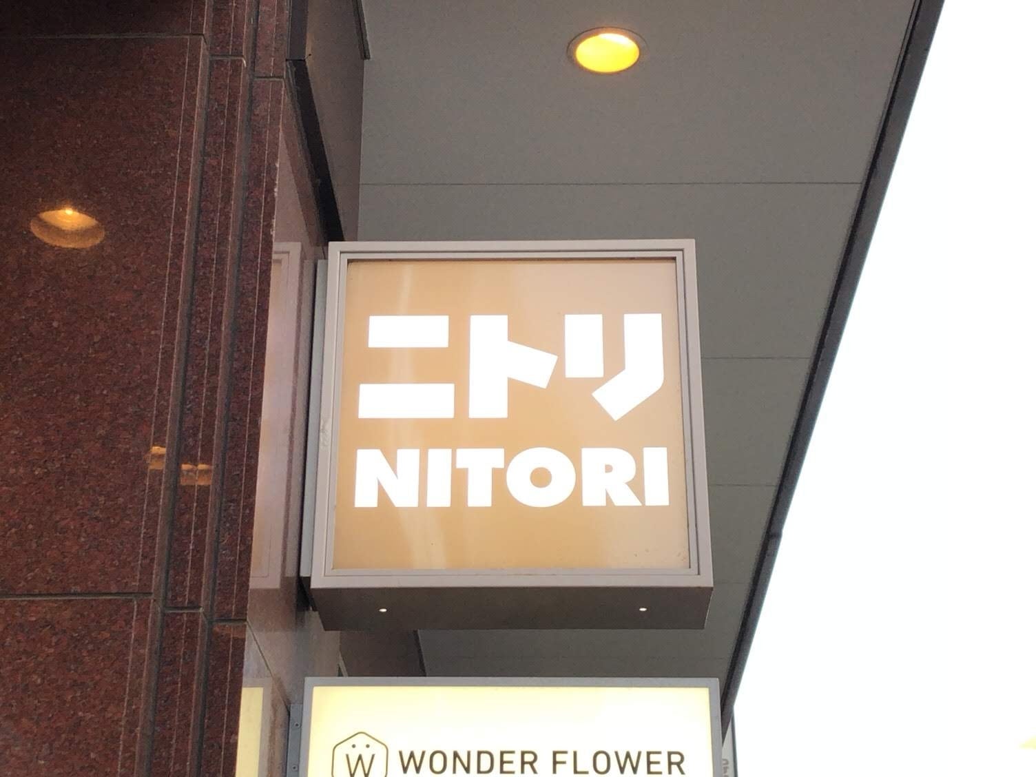 ニトリの店舗サインがあり、その下には「WONDER FLOWER」の看板が見える。