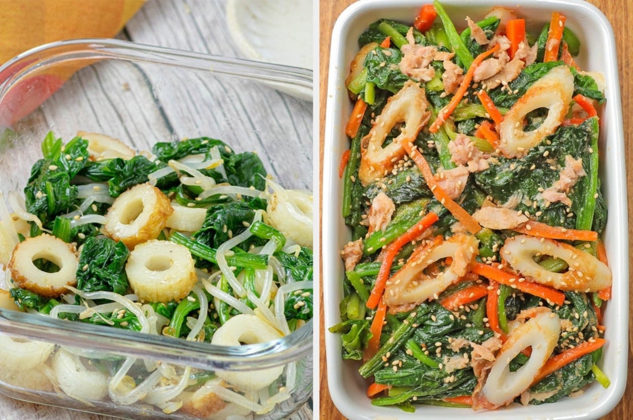 左はほうれん草とちくわのナムル、右はツナほうれん草サラダ。