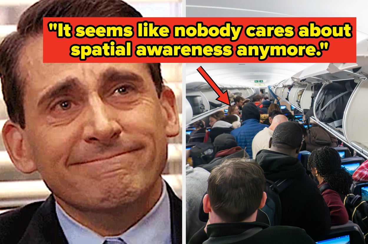 Split image: Left shows a man making a resigned face. Right shows passengers crowded in an airplane aisle. Text above: "It seems like nobody cares about spatial awareness anymore."