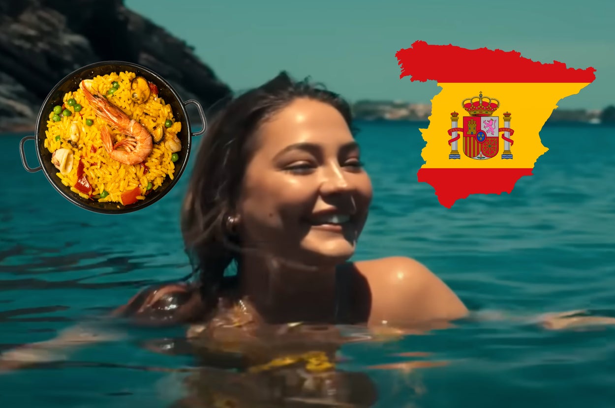 Madelyn Cline in "The Map that Leads to You" smiling while swimming in the ocean with a Spanish flag graphic overlay and paella overlay