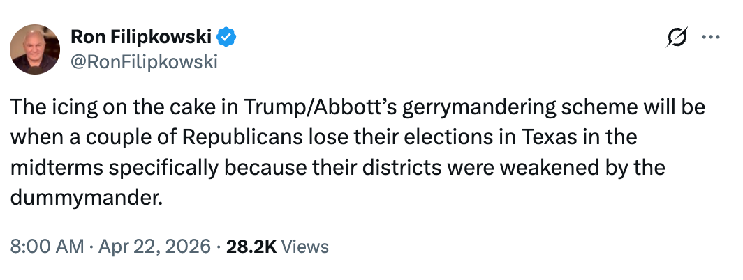Tweet by Ron Filipkowski discussing imaginable   Republican losses successful  Texas midterms owed  to weakened districts from gerrymandering