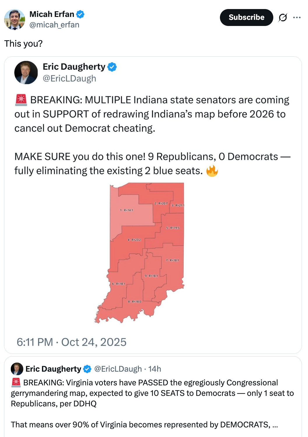 Tweet discussing Indiana redistricting, with aggregate  authorities   senators supporting changes to cancel retired  Democratic power  and interaction   connected  predetermination  seats
