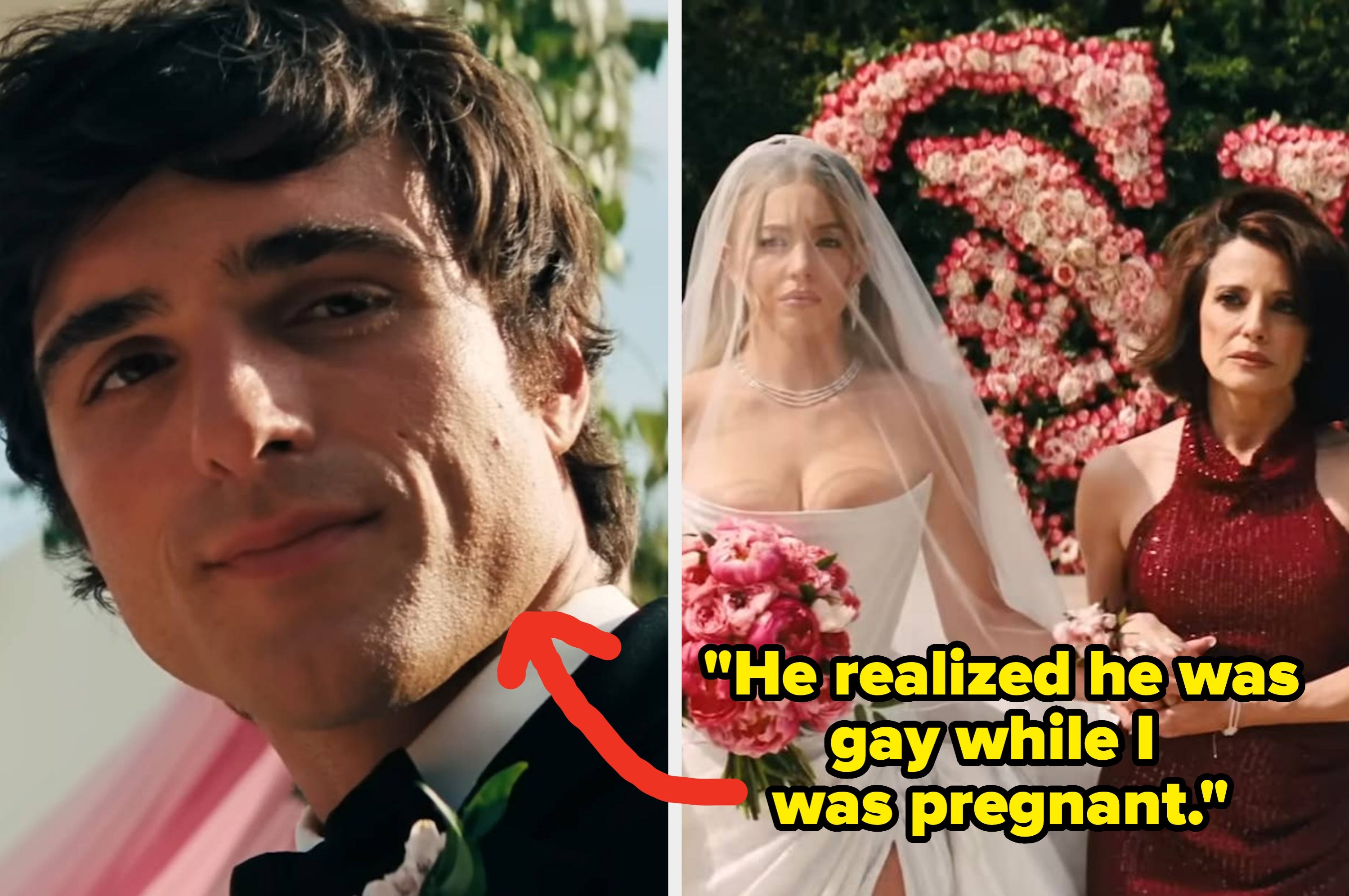 A groom looks on while a bride stands with another woman amid floral decorations. Caption: "He got me and another woman pregnant within 6 months."