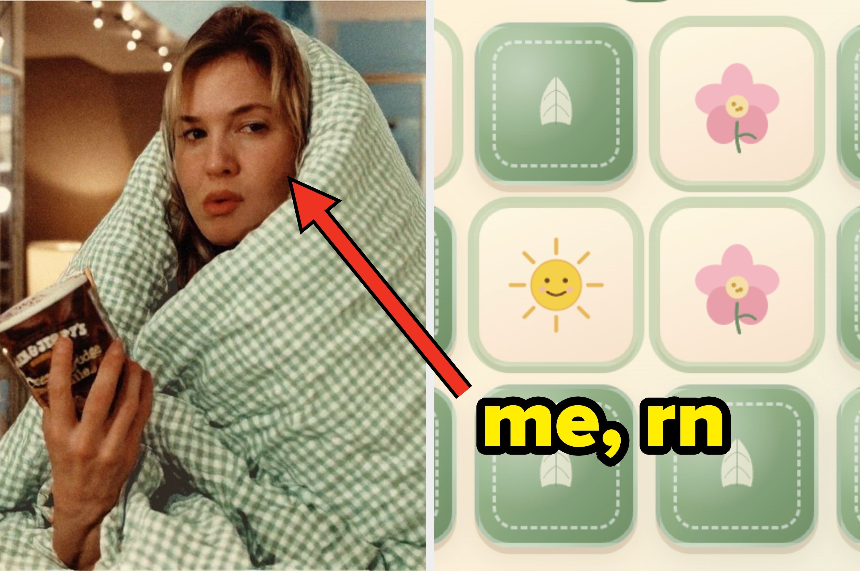 Person reading in a checkered blanket next to a game grid with icons of flowers, leaves, and a sun