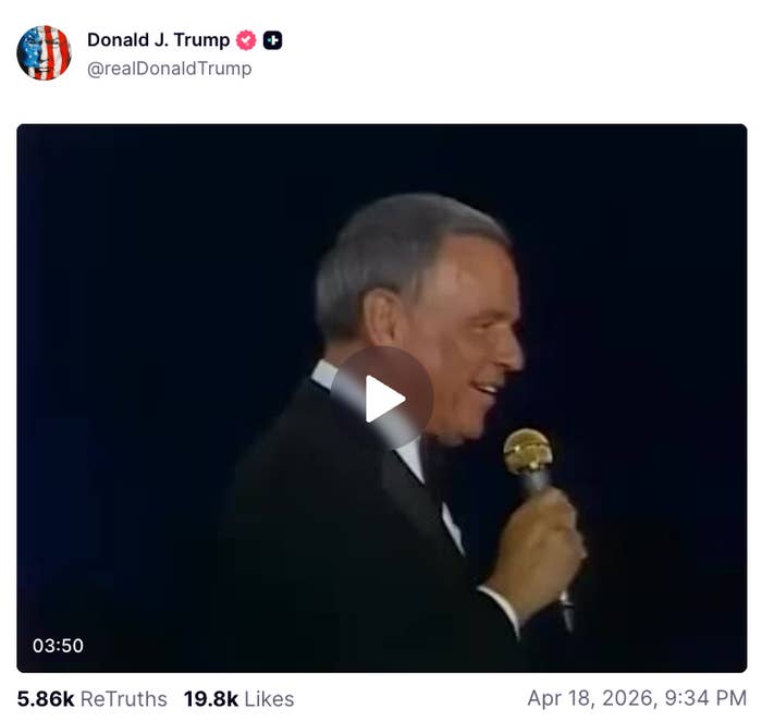 A antheral   successful  a suit   holds a microphone and appears to beryllium  speaking oregon  singing successful  a video posted by an relationship  titled "Donald J. Trump."