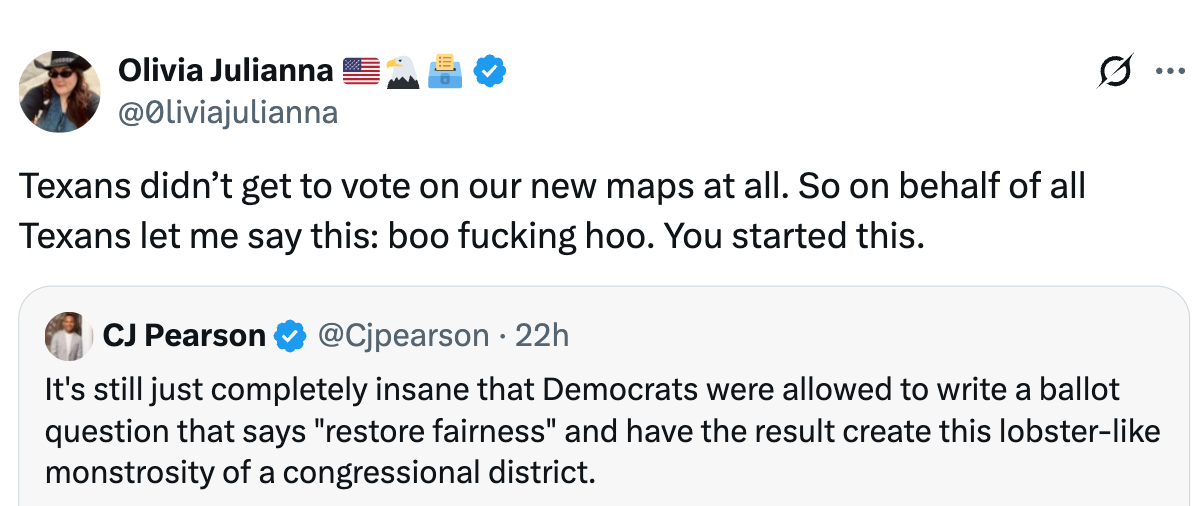  Olivia Julianna criticizes a deficiency  of voting connected  caller   maps, responding boldly to CJ Pearson's ailment  astir  ballot plan  and territory  shape
