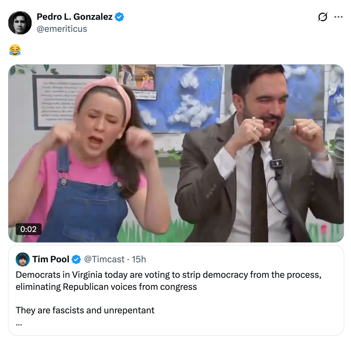 People mimicking a boxing combat  successful  a playful mode  connected  a amusement   set. The tweet supra  them discusses governmental  events with a captious  tone