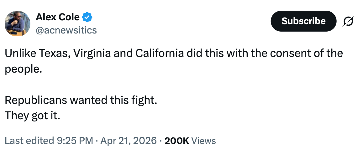 Tweet by Alex Cole criticizing Republicans, stating they initiated a combat  dissimilar  Texas, Virginia, and California, which acted with nationalist   consent