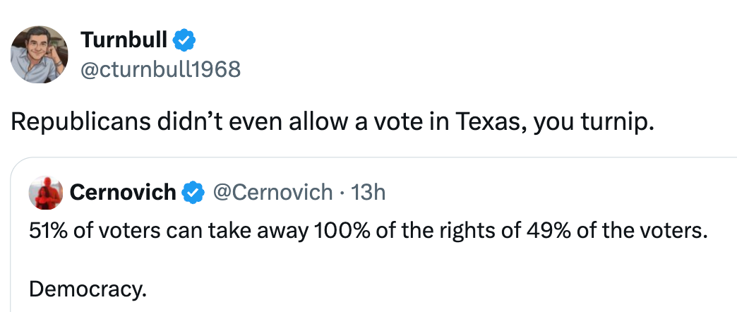 Screenshot of a Twitter exchange. Turnbull responds to Cernovich's tweet criticizing elector  rights successful  Texas with humor
