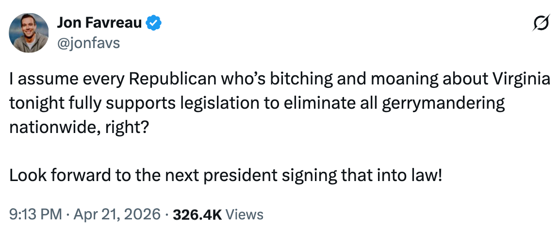 Tweet by Jon Favreau criticizing Republicans connected  gerrymandering and questioning their stance connected  related legislation