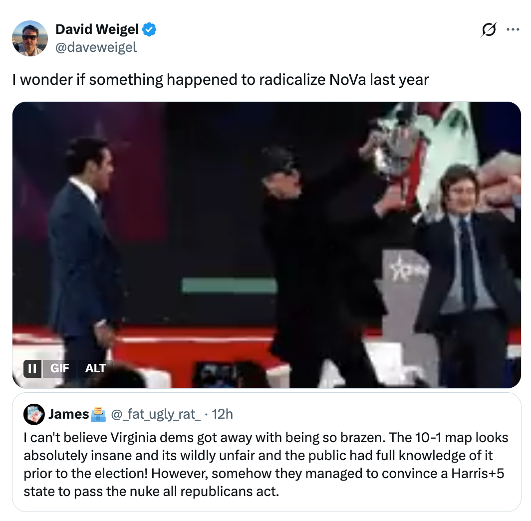 Tweet by David Weigel questioning the radicalization of NoVa past  year. Below, James comments connected  Virginia Democrats and unfair predetermination  maps