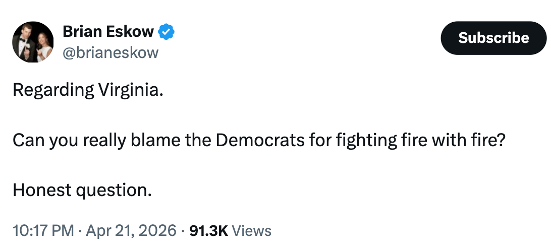 Tweet from Brian Eskow, asking if Democrats tin  beryllium  blamed for warring  occurrence  with occurrence  regarding Virginia