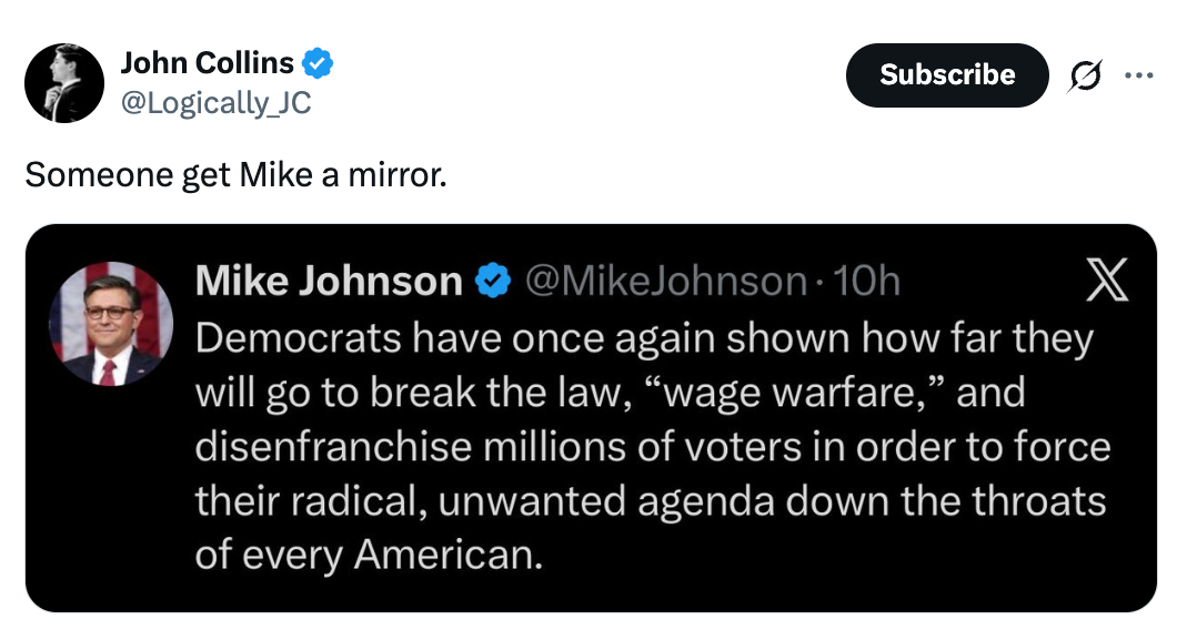 Tweet criticizing Democrats' actions, accusing them of utilizing "wage warfare" to propulsion  a extremist  agenda