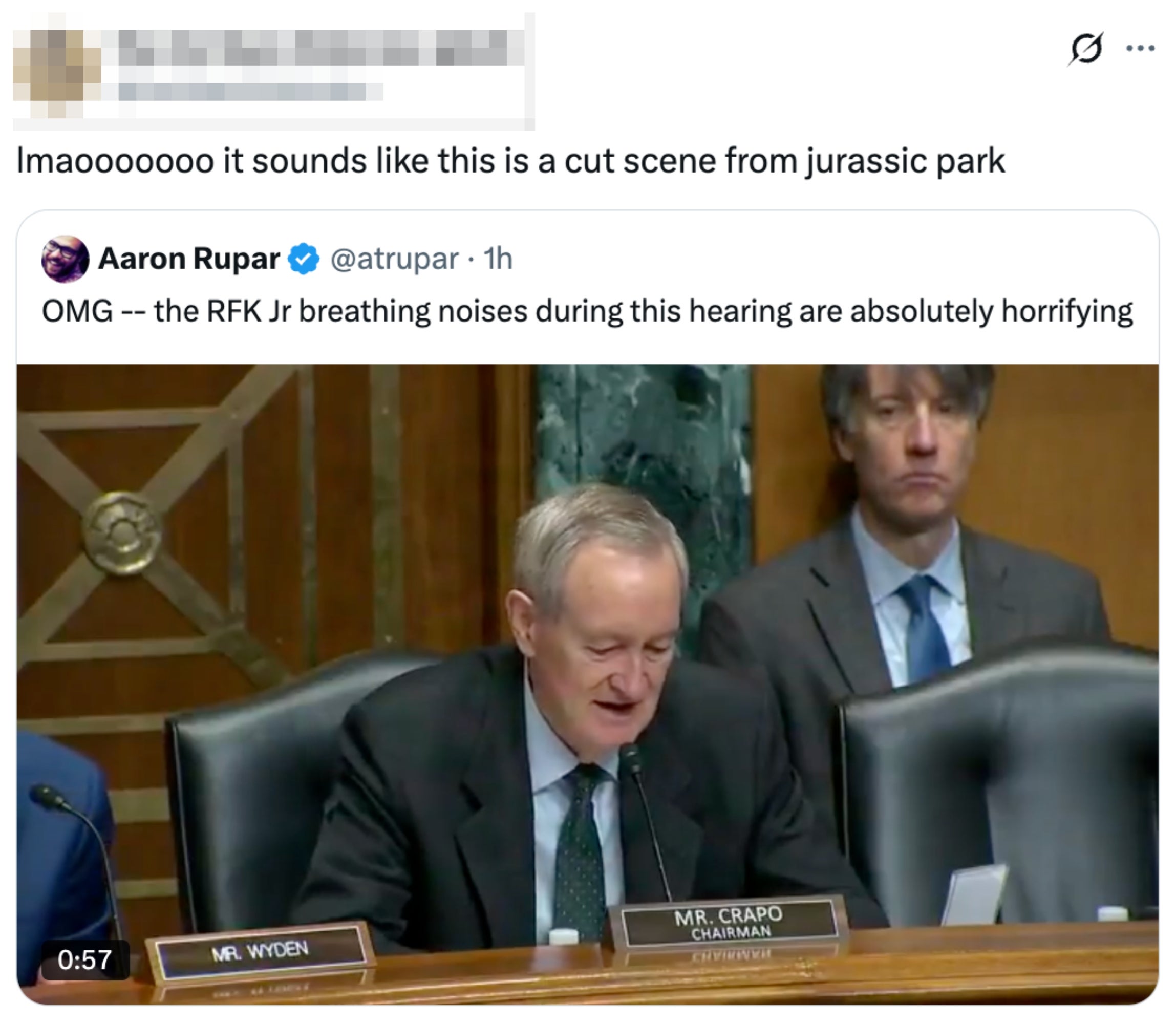 Tweet screenshot of Aaron Rupar commenting connected  a hearing, mentioning RFK Jr's breathing noises arsenic  disturbing