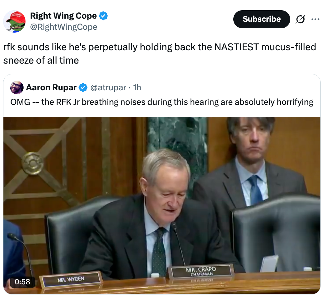 A legislature  proceeding  with Mike Crapo speaking, subtitles notation  RFK Jr's breathing noises. Tweet by Aaron Rupar is highlighted