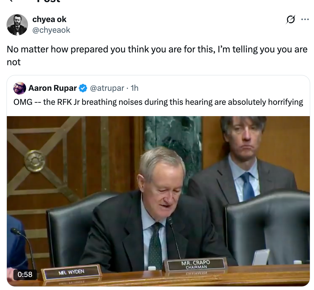 Screenshot of a tweet by Aaron Rupar mentioning RFK Jr's breathing noises during a proceeding  arsenic  horrifying, with a photograph  of a Senate meeting