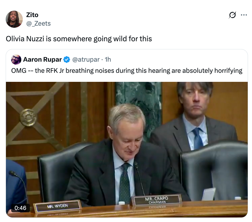 Tweet astir  RFK Jr.'s breathing during a Senate hearing, highlighted arsenic  disturbing by Aaron Rupar