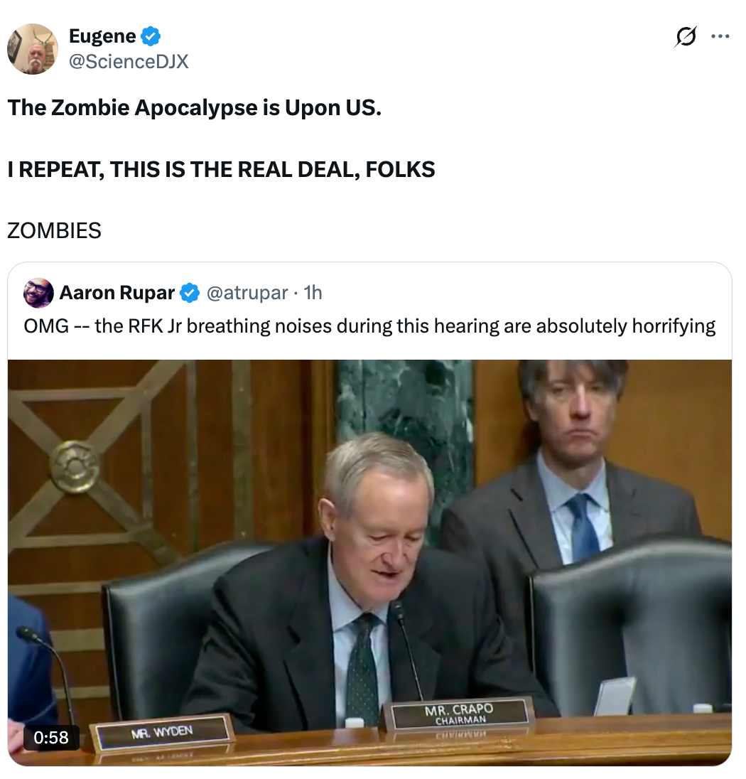 Tweet joking astir  a zombie apocalypse with a screenshot of a legislature  proceeding  showing politicians astatine  a table