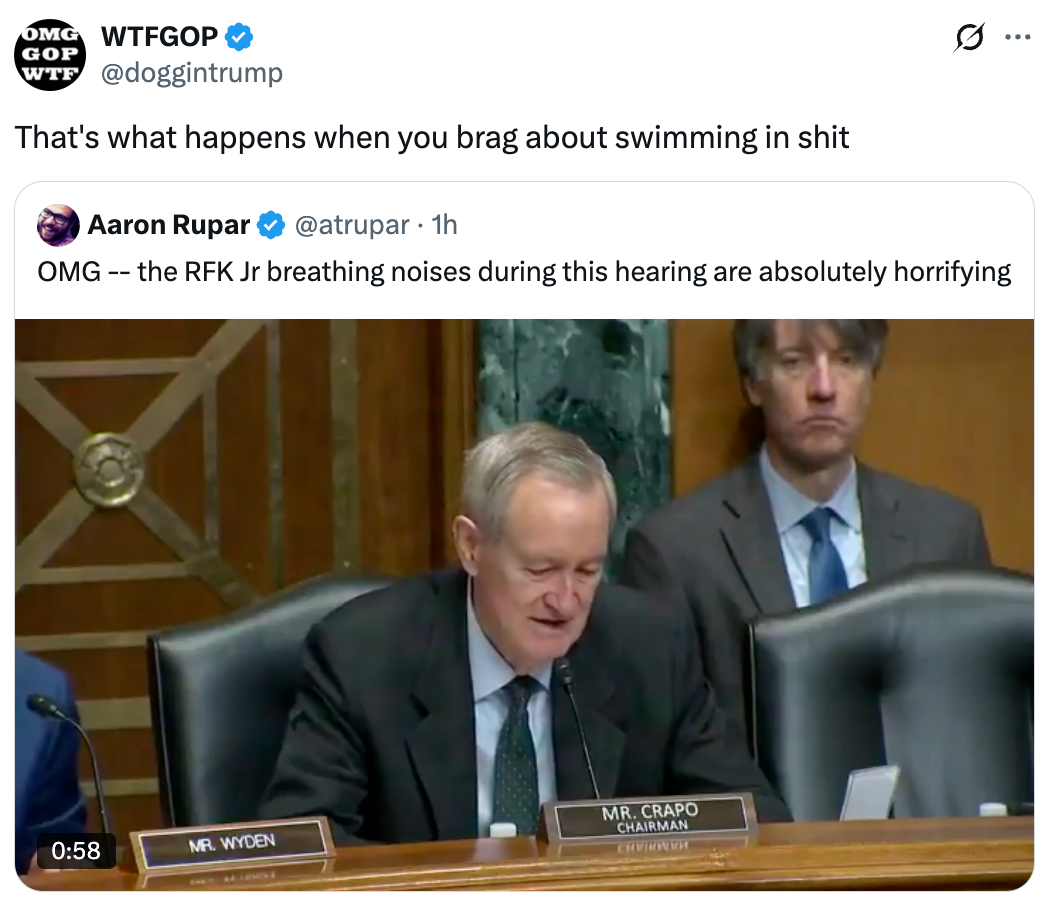 Tweet representation  featuring a surface  signaling  of a Senate proceeding  with officials present, captioned with a humorous remark  connected  societal  media behavior