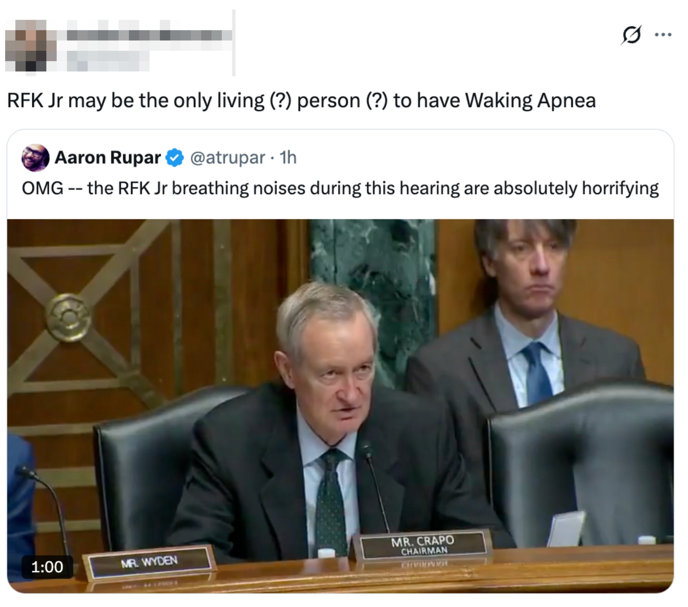 Tweet showing a idiosyncratic    commenting connected  someone’s breathing, with a screenshot of a antheral   speaking during a hearing