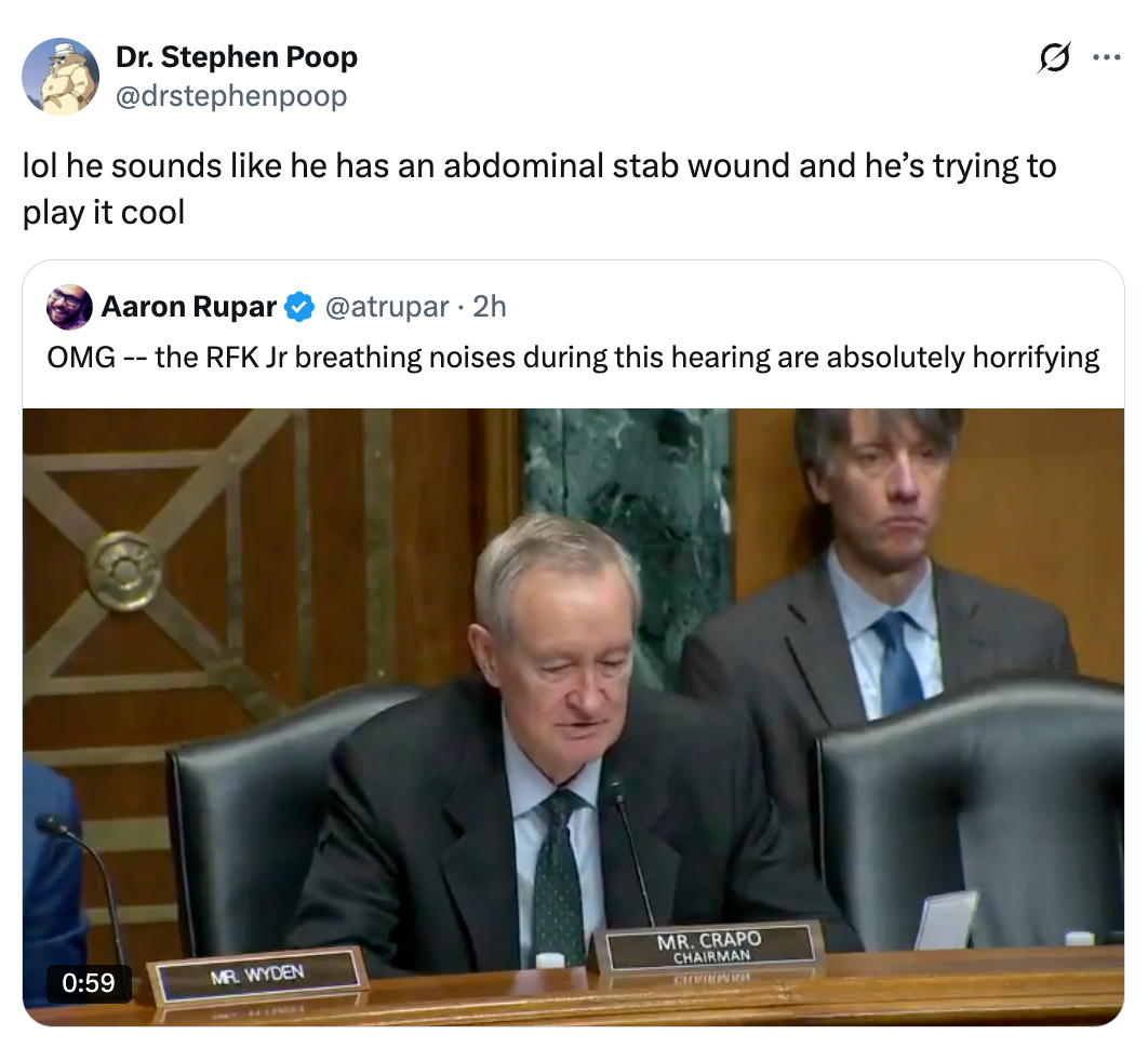A tweet with a video showing a idiosyncratic   identified arsenic  Mr. Crapo during a hearing. The tweet comments connected  breathing noises, described arsenic  horrifying