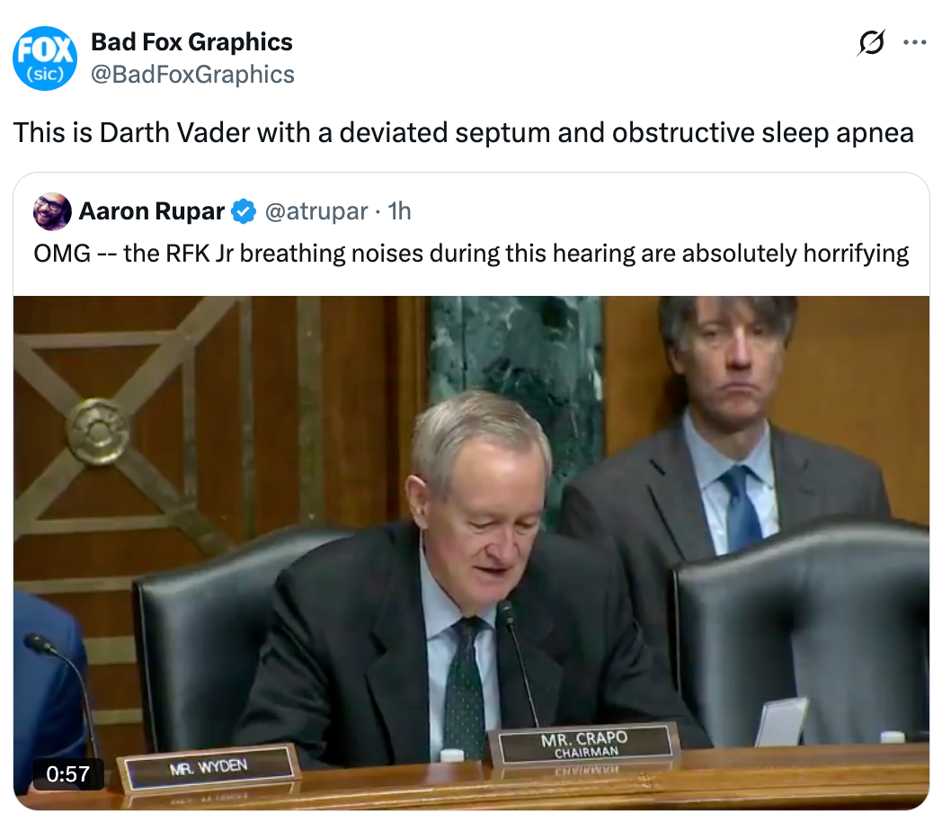 Senator reads a connection    during a hearing, with humorous overlay substance   astir  Darth Vader's breathing, implying it's comparable to the event