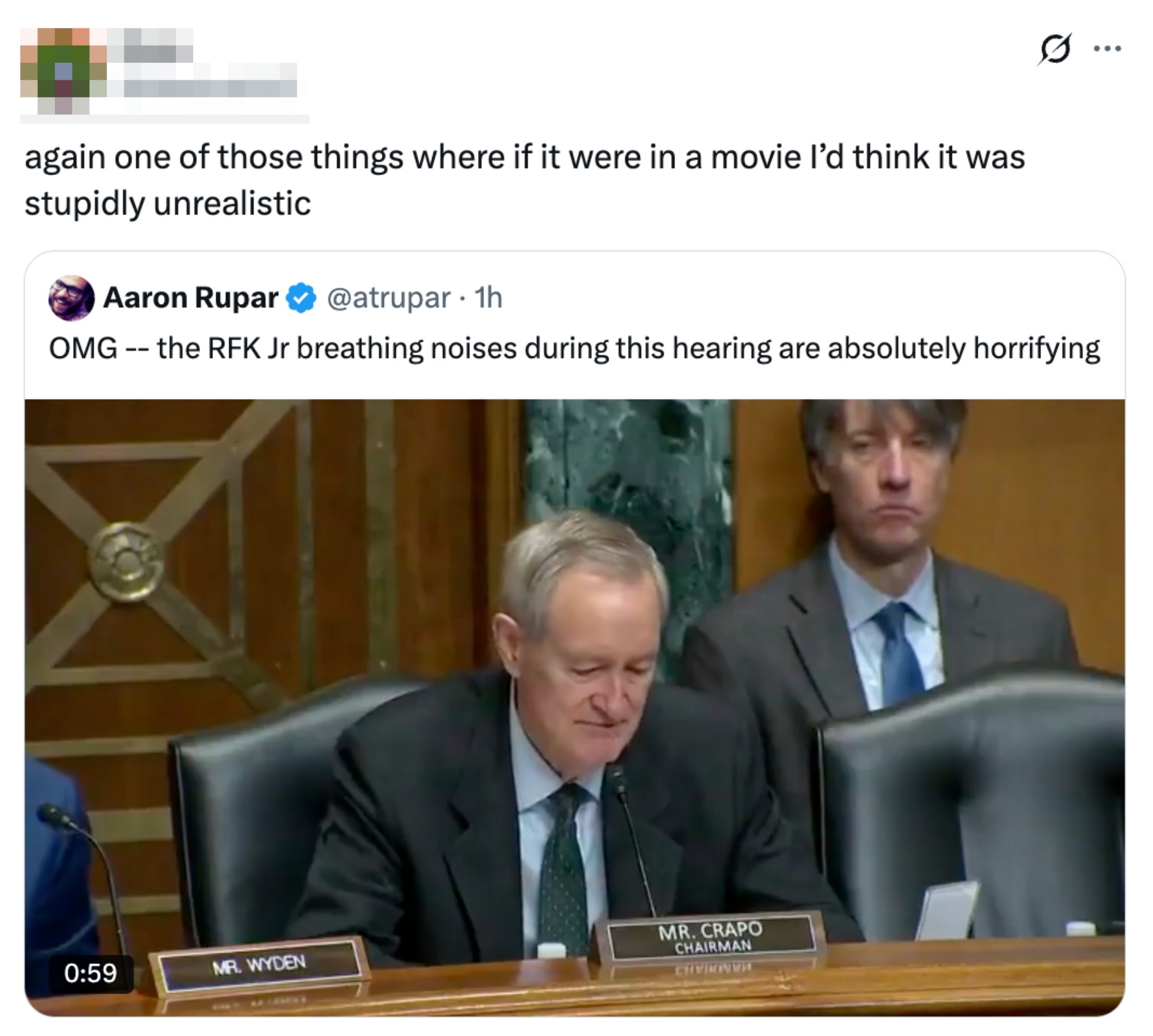 A screenshot of a tweet by Aaron Rupar discussing RFK Jr.'s breathing noises during a hearing, described arsenic  "absolutely horrifying."