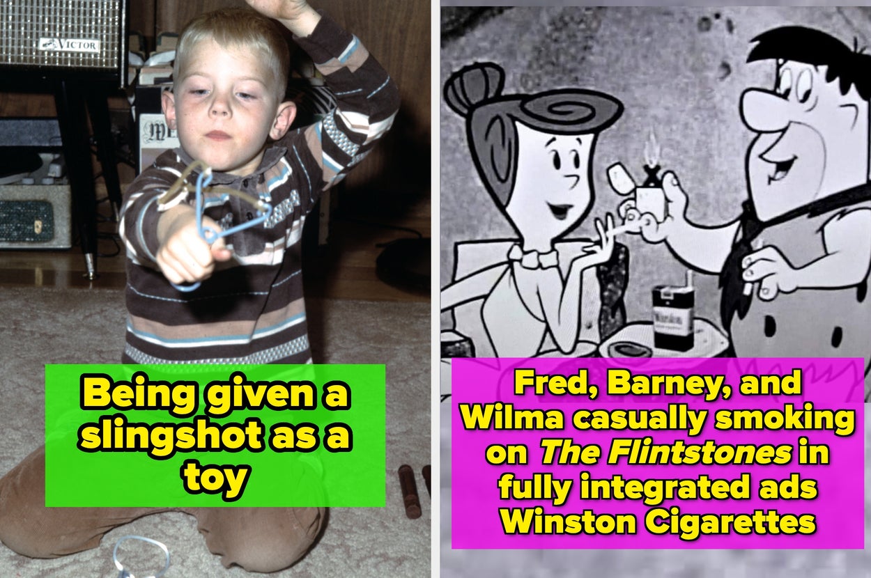 Child playing with a slingshot as a toy; cartoon characters Fred, Barney, and Wilma Flintstone smoking in a Winston Cigarettes ad on TV