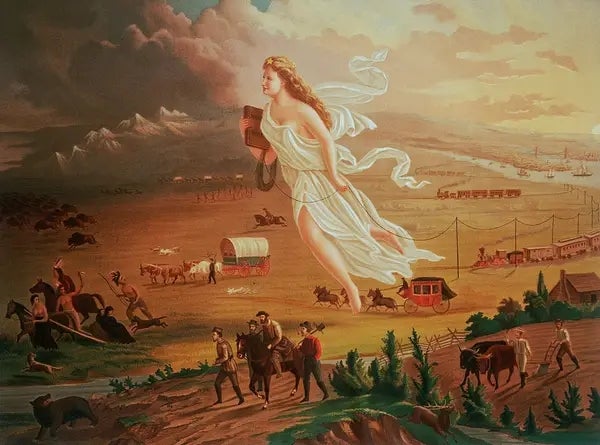 A symbolic coating  depicts Manifest Destiny with a elephantine  pistillate   floating supra  pioneers, trains, and settlers moving westward