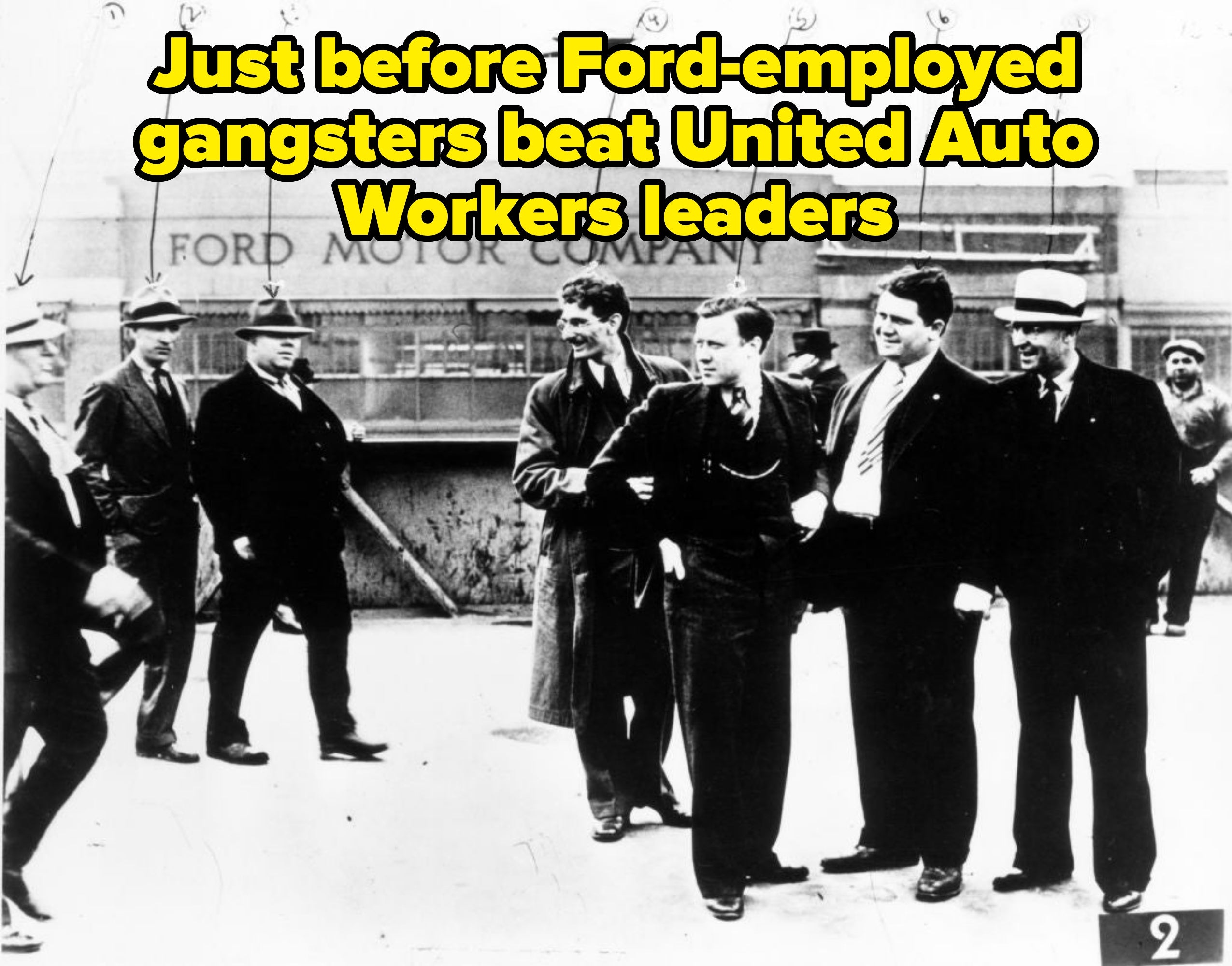 Historic photograph  with radical   lasting  successful  beforehand   of a Ford Motor Company building, dressed successful  1930s-style suits and coats