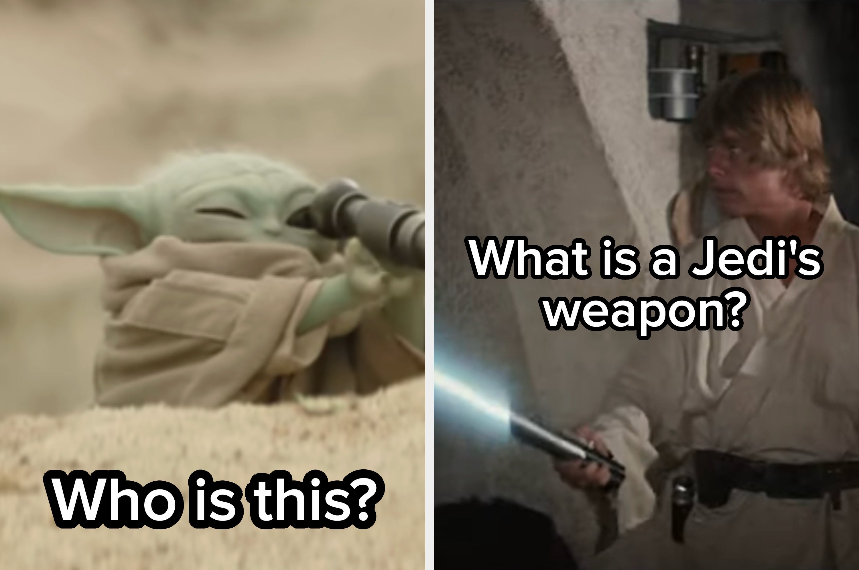 A quiz image with two questions: "Who is this?" showing Yoda, and "What is a Jedi's weapon?" showing Luke Skywalker with a lightsaber