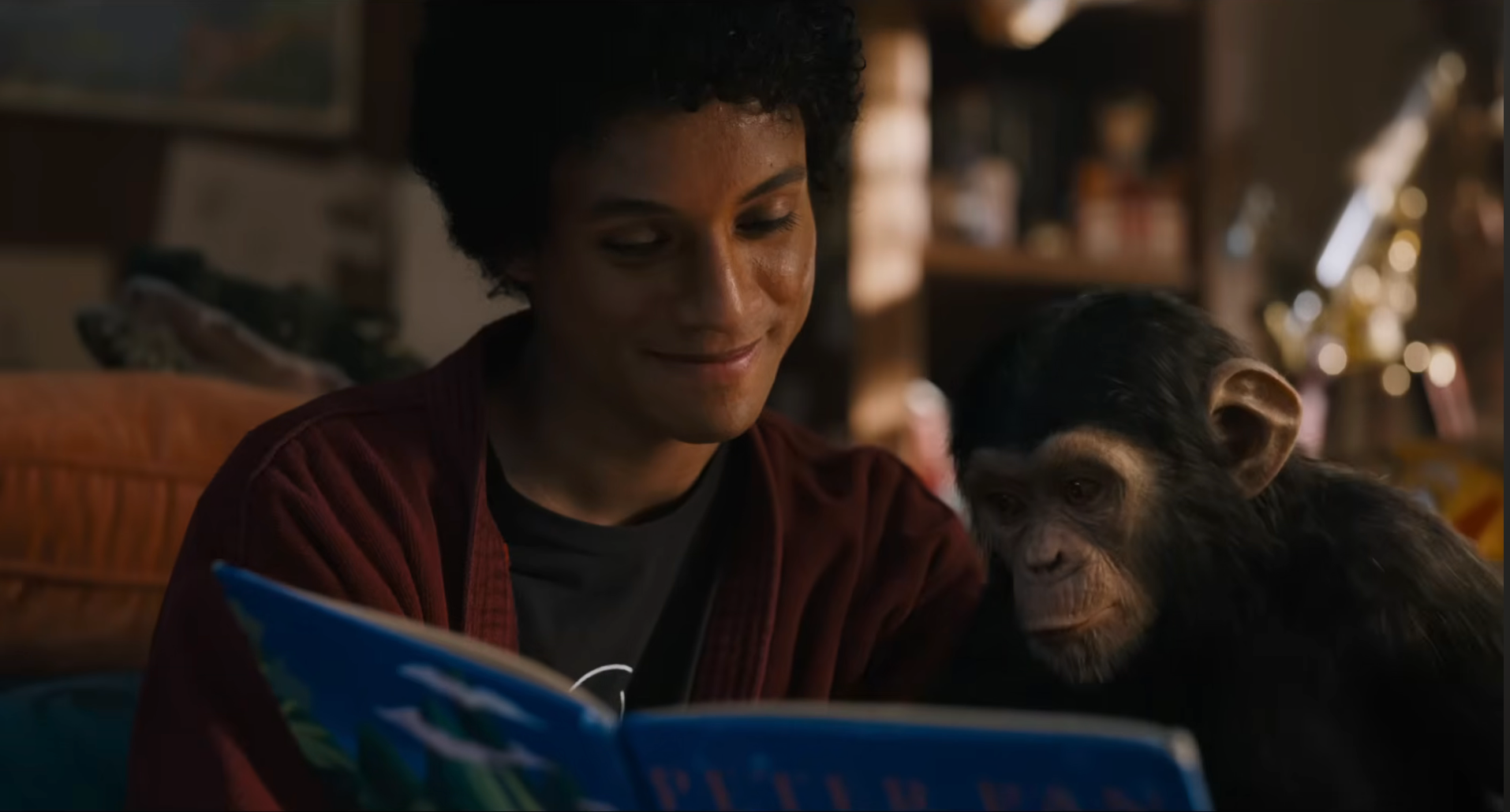 Person speechmaking  a publication  with a young chimpanzee adjacent  to them, some  appearing engaged and content