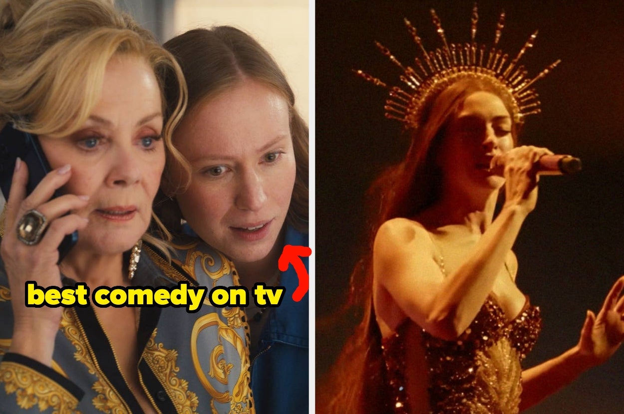 Two women in ornate outfits; one on the phone. Right side: Woman in a crown sings passionately on stage. Text reads: "best comedy on tv."