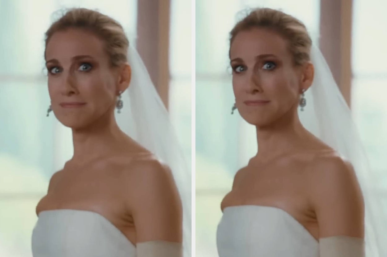 Person in elegant strapless wedding dress and veil, looking thoughtfully