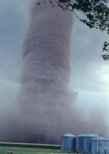 A ample  tornado successful  an unfastened  tract  adjacent   silos, swirling with particulate  and debris. Trees partially disposable   connected  the right