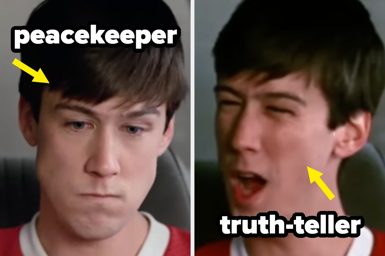 Split image of Alan Ruck in "Ferris Bueller's Day Off," text overlays with yellow arrows: peacekeeper / truth-teller
